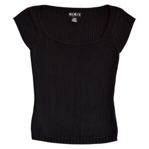 90s Black Ribbed Knit Square Neck Cap Sleeve Top Size L